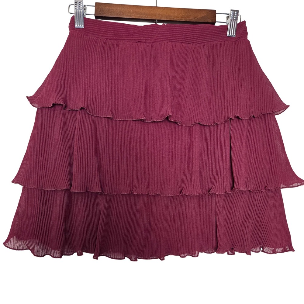 NWT Tiered Ruffle Mini Skirt Burgundy Pleated Chiffon Boho Flowy‎